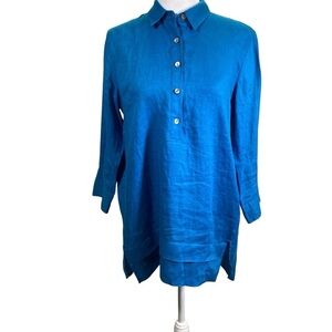 J.JILL LOVE LINEN size XS Teal Blue popover 3/4 sleeve 100% Linen Tunic Blouse